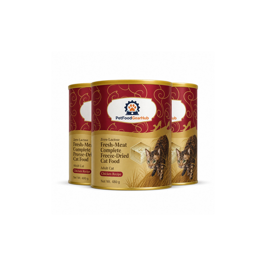 PetFoodGearHub zero-lactose fresh-meat complete freeze-dried cat food for adult cats, chicken recipe, three tubs, 480 g each