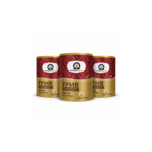 PetFoodGearHub FPMR 98% raw-meat complete freeze-dried cat food for adult cats, chicken recipe, three tubs, 480 g each