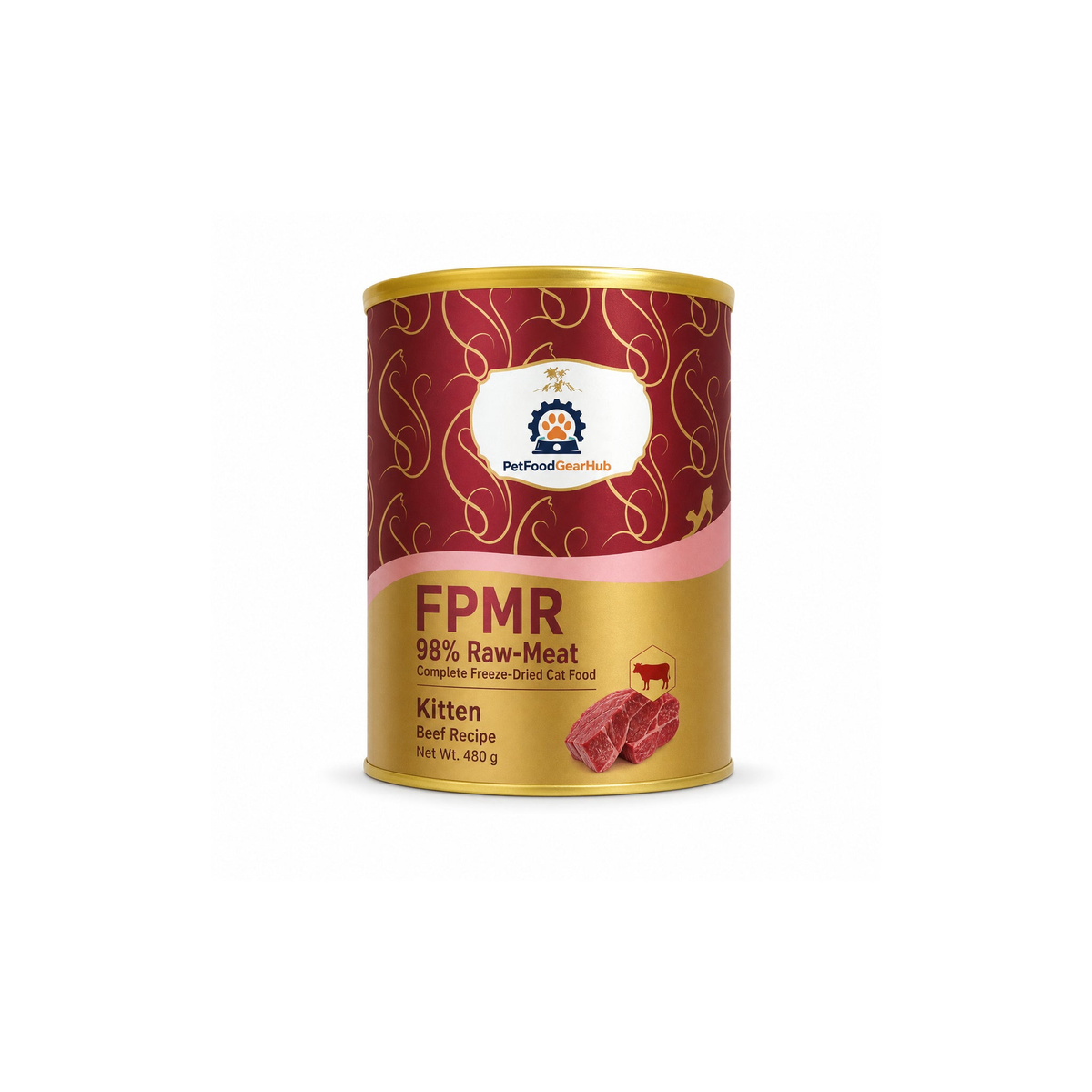 PetFoodGearHub FPMR 98% raw-meat complete freeze-dried cat food for kittens, beef recipe, one package, 480 g each