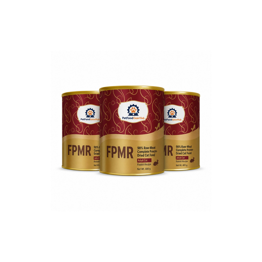 PetFoodGearHub FPMR 98% raw-meat complete freeze-dried cat food for adult cats, rabbit recipe, three tubs, 480 g each
