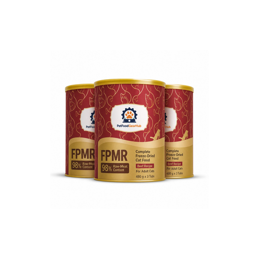 PetFoodGearHub FPMR 98% raw-meat complete freeze-dried cat food for adult cats, beef recipe, three tubs, 480 g each