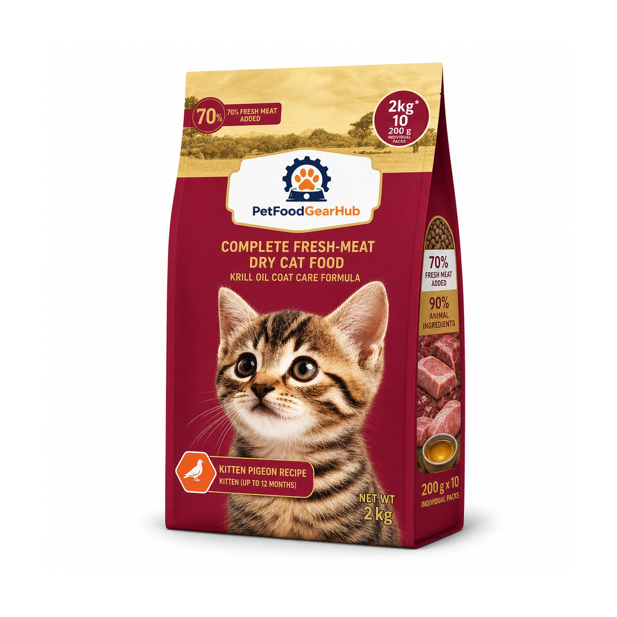 PetFoodGearHub krill oil coat care complete dry cat food for kittens, pigeon recipe, one pictured 2 kg bag for the 8 kg listing