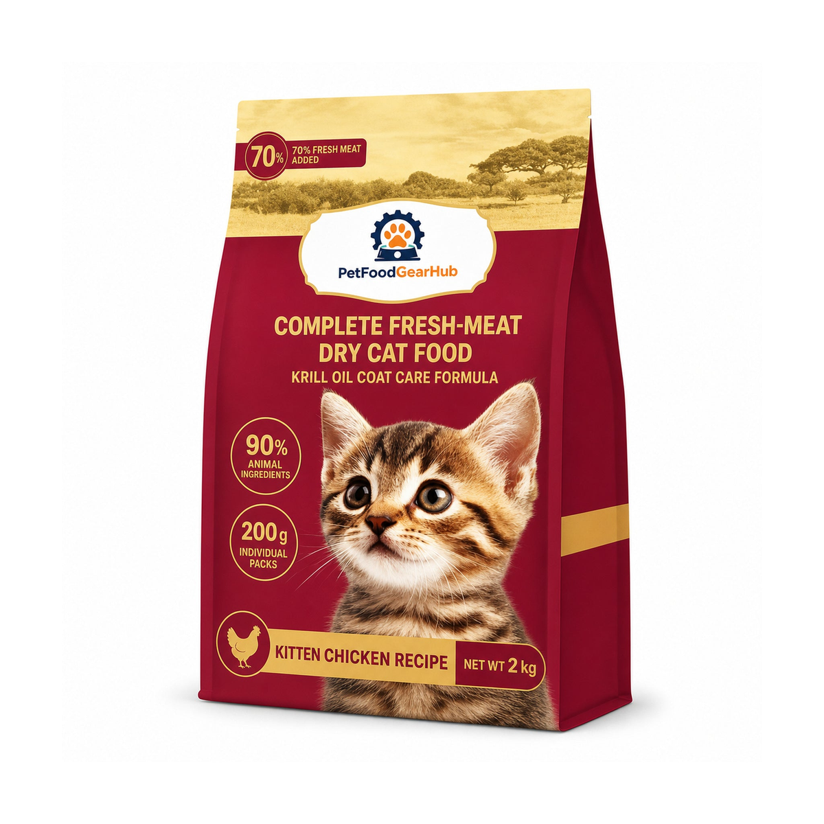 PetFoodGearHub krill oil coat care complete dry cat food for kittens, chicken recipe, one pictured 2 kg bag for the 8 kg listing