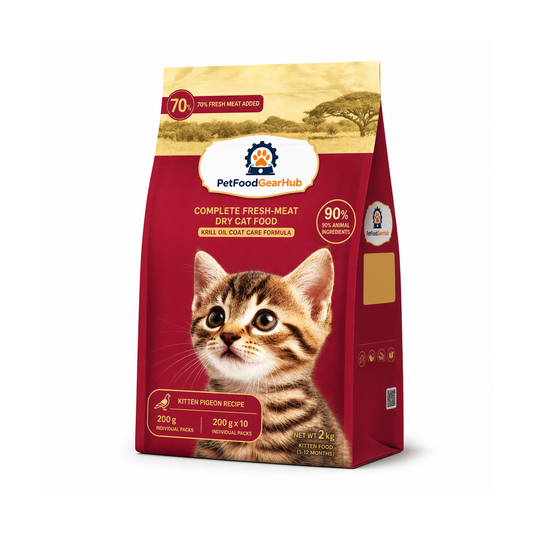 PetFoodGearHub krill oil coat care complete dry cat food for kittens, pigeon recipe, one pictured 2 kg bag for the 2 kg listing