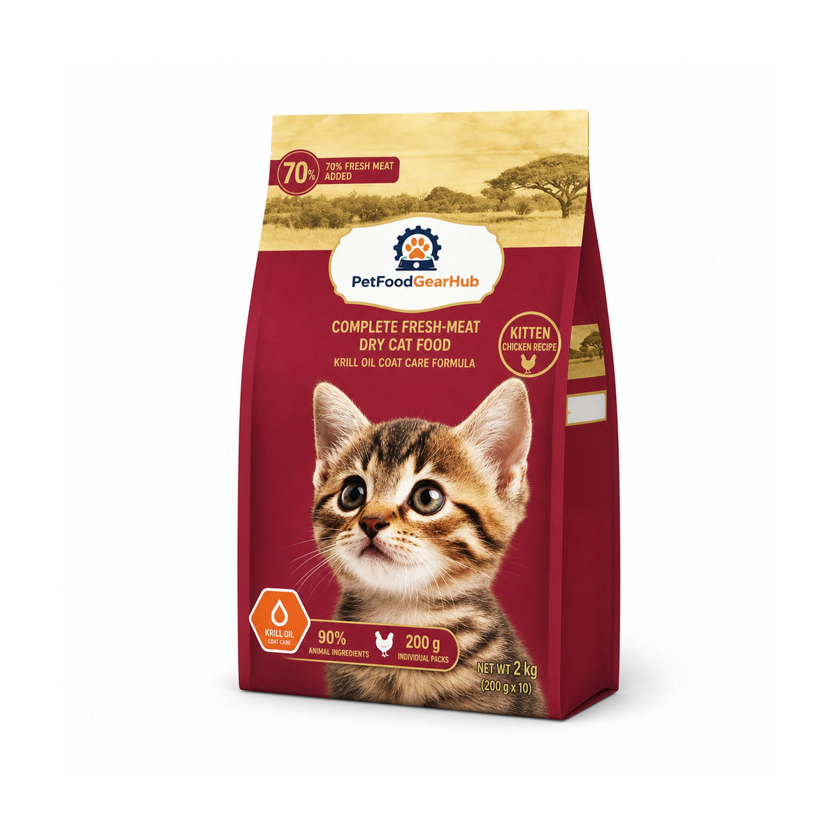 PetFoodGearHub krill oil coat care complete dry cat food for kittens, chicken recipe, one pictured 2 kg bag for the 2 kg listing