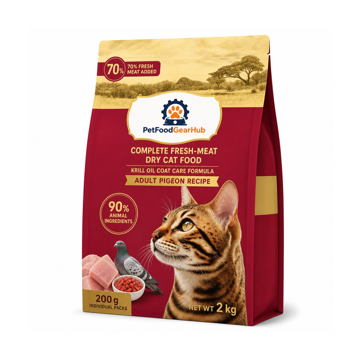 PetFoodGearHub krill oil coat care complete dry cat food for adult cats, pigeon recipe, one pictured 2 kg bag for the 16 kg listing
