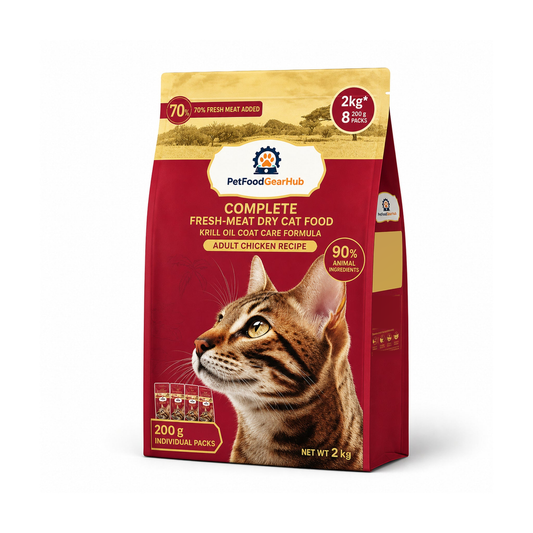 PetFoodGearHub krill oil coat care complete dry cat food for adult cats, chicken recipe, one pictured 2 kg bag for the 16 kg listing