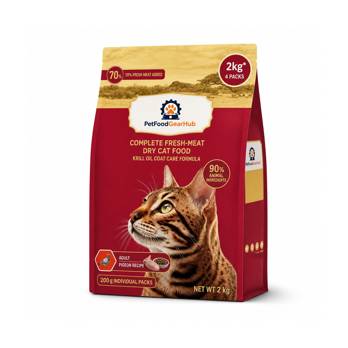 PetFoodGearHub krill oil coat care complete dry cat food for adult cats, pigeon recipe, one pictured 2 kg bag for the 8 kg listing