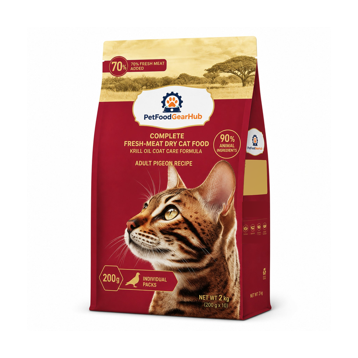 PetFoodGearHub krill oil coat care complete dry cat food for adult cats, pigeon recipe, one pictured 2 kg bag for the 2 kg listing