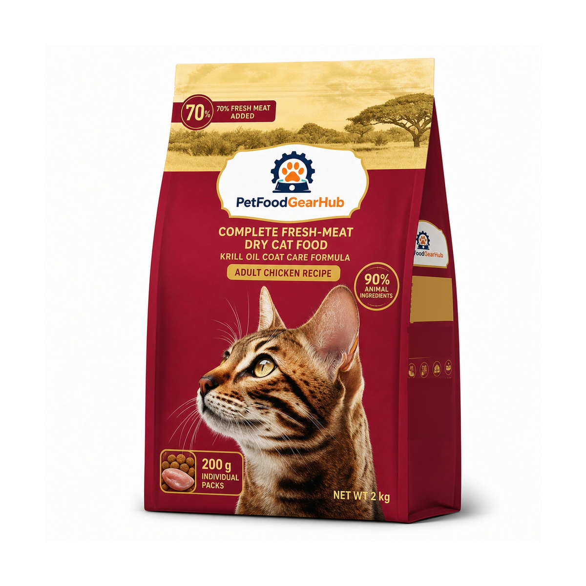 PetFoodGearHub krill oil coat care complete dry cat food for adult cats, chicken recipe, one pictured 2 kg bag for the 2 kg listing