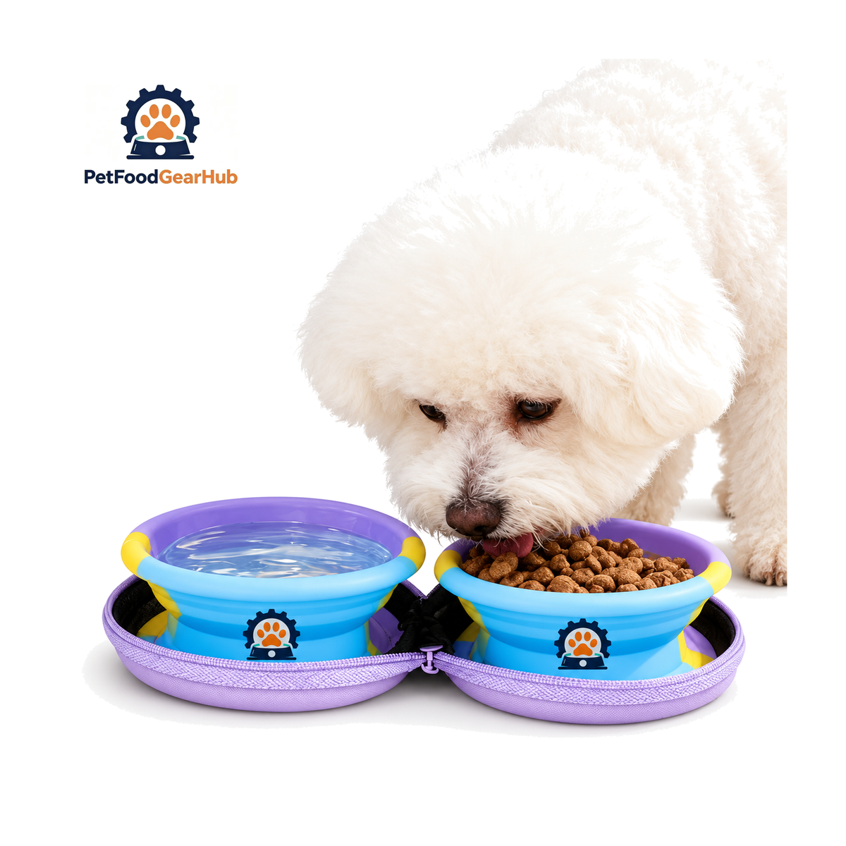PetFoodGearHub Portable Folding Travel Pet Bowl Set on a pure white background