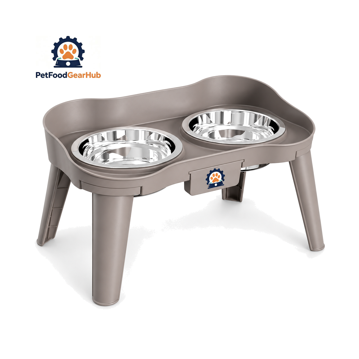 PetFoodGearHub Elevated Double Stainless Steel Pet Bowl Stand on a pure white background