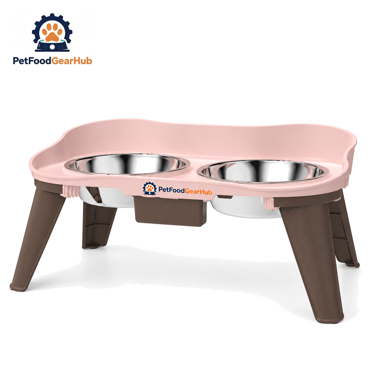 PetFoodGearHub Elevated Double Stainless Steel Pet Bowl Stand — Peach Pink Double Bowl M, up to 10 kg