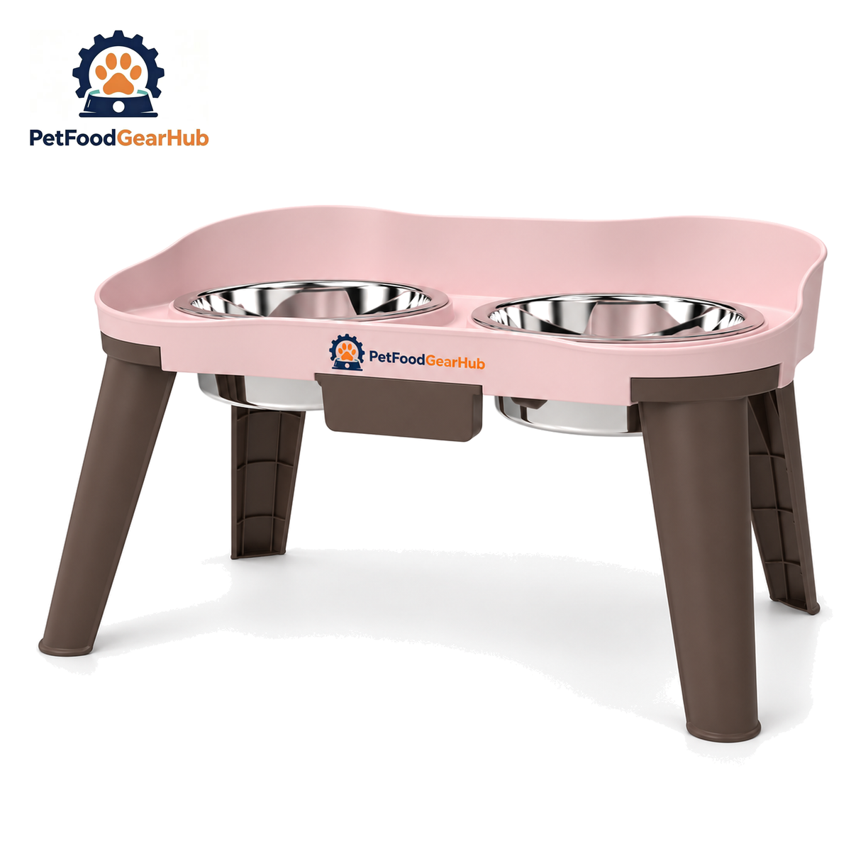 PetFoodGearHub Elevated Double Stainless Steel Pet Bowl Stand — Peach Pink Double Bowl XL, up to 50 kg