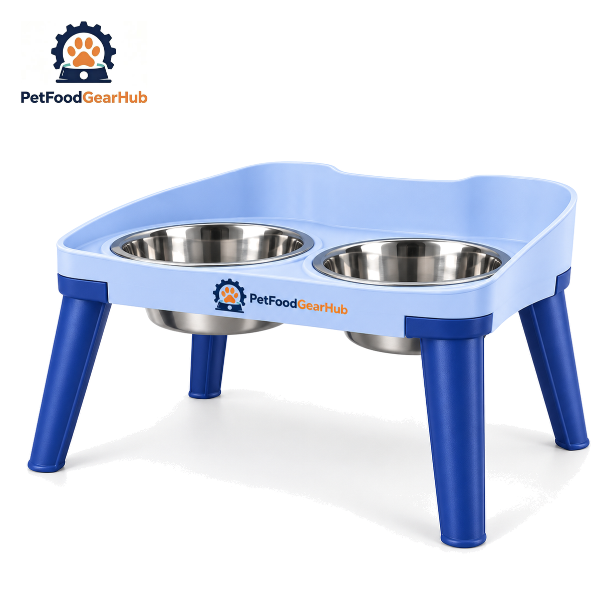 PetFoodGearHub Elevated Double Stainless Steel Pet Bowl Stand — Light Blue Double Bowl XL, up to 50 kg