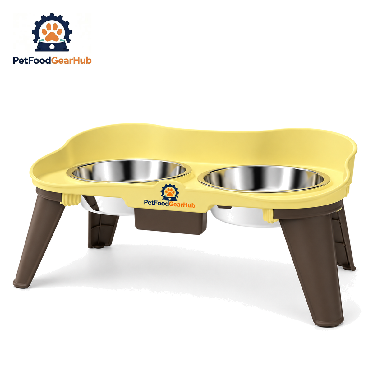 PetFoodGearHub Elevated Double Stainless Steel Pet Bowl Stand — Cream Yellow Double Bowl M, up to 10 kg