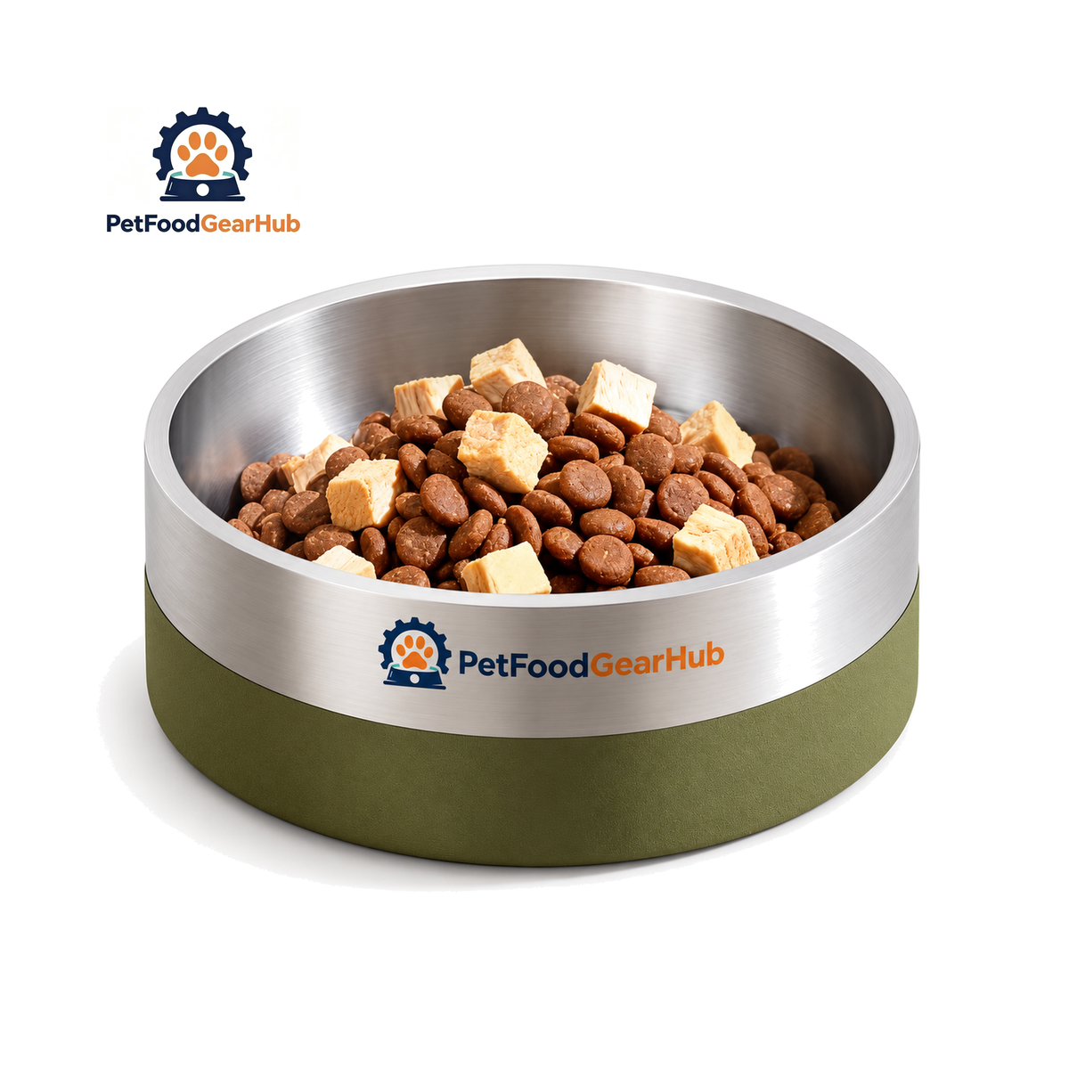 PetFoodGearHub Double-Wall 304 Stainless Steel Pet Bowl on a pure white background