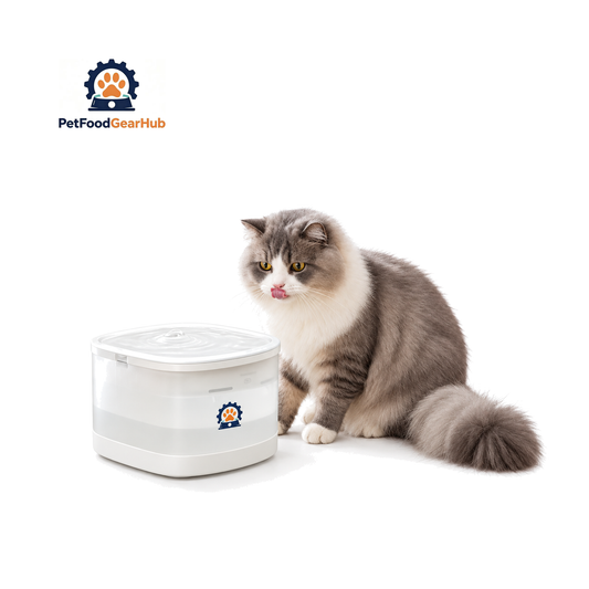 PetFoodGearHub Cordless Pet Water Fountain and Replacement Filter on a pure white background