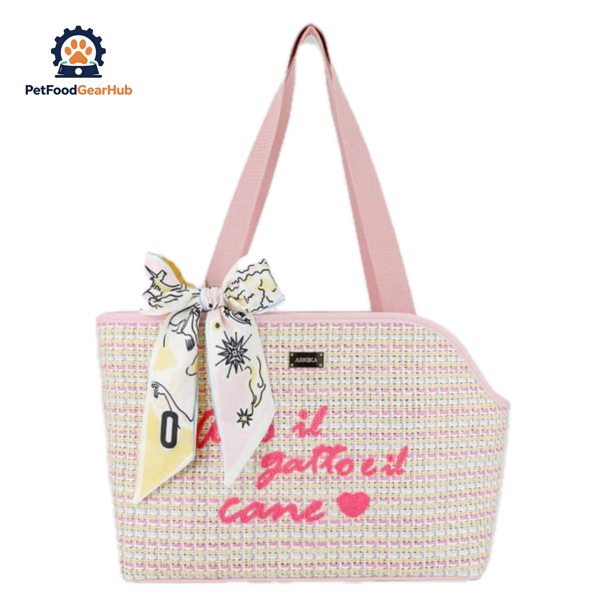 PetFoodGearHub Woven Cat Carrier With Pink Handles and Printed Scarf | PetFoodGearHub