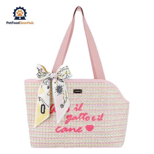 PetFoodGearHub Woven Cat Carrier With Pink Handles and Printed Scarf | PetFoodGearHub