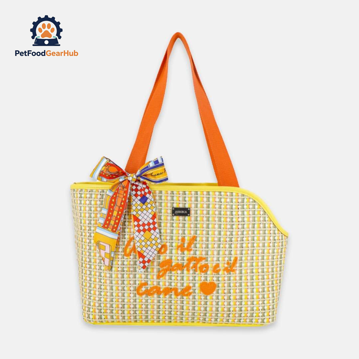 PetFoodGearHub Woven Cat Carrier With Orange Handles and Printed Scarf | PetFoodGearHub