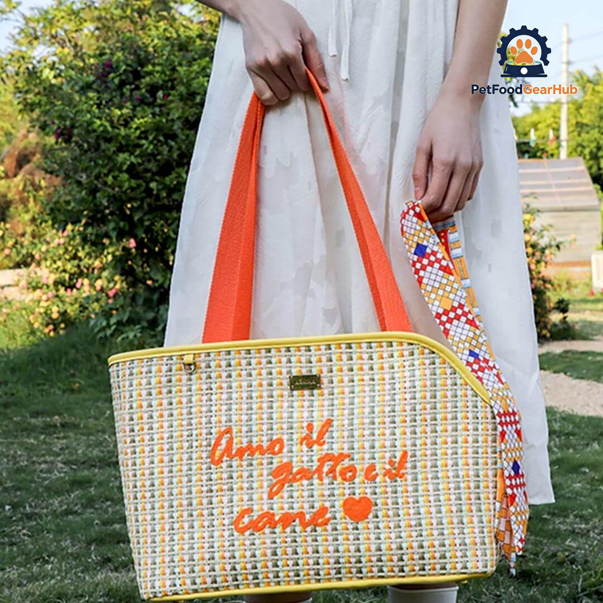 Holding Yellow PetFoodGearHub Woven Cat Carrier | PetFoodGearHub