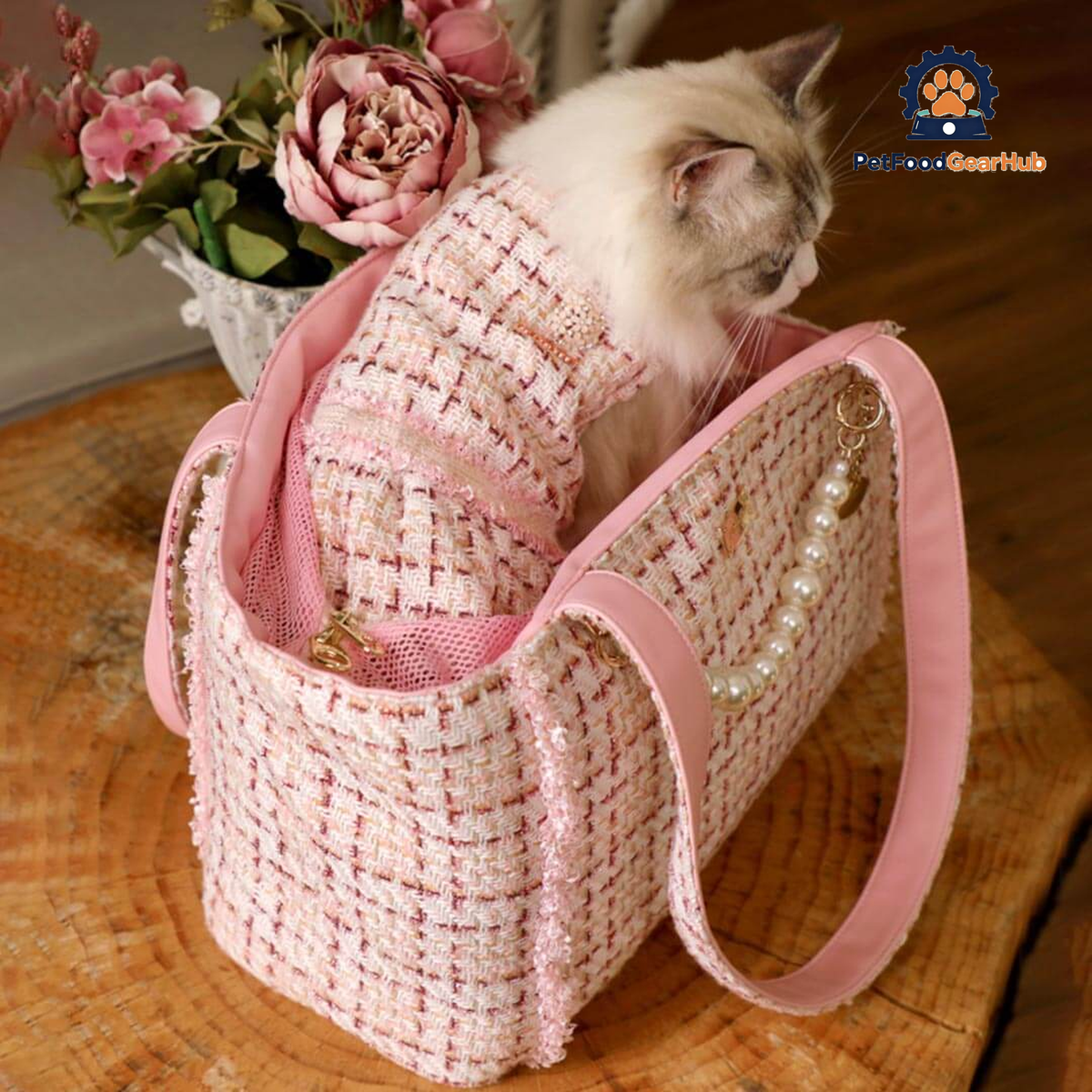 Cat Riding the  Pink PetFoodGearHub Cat Shoulder Bag | PetFoodGearHub