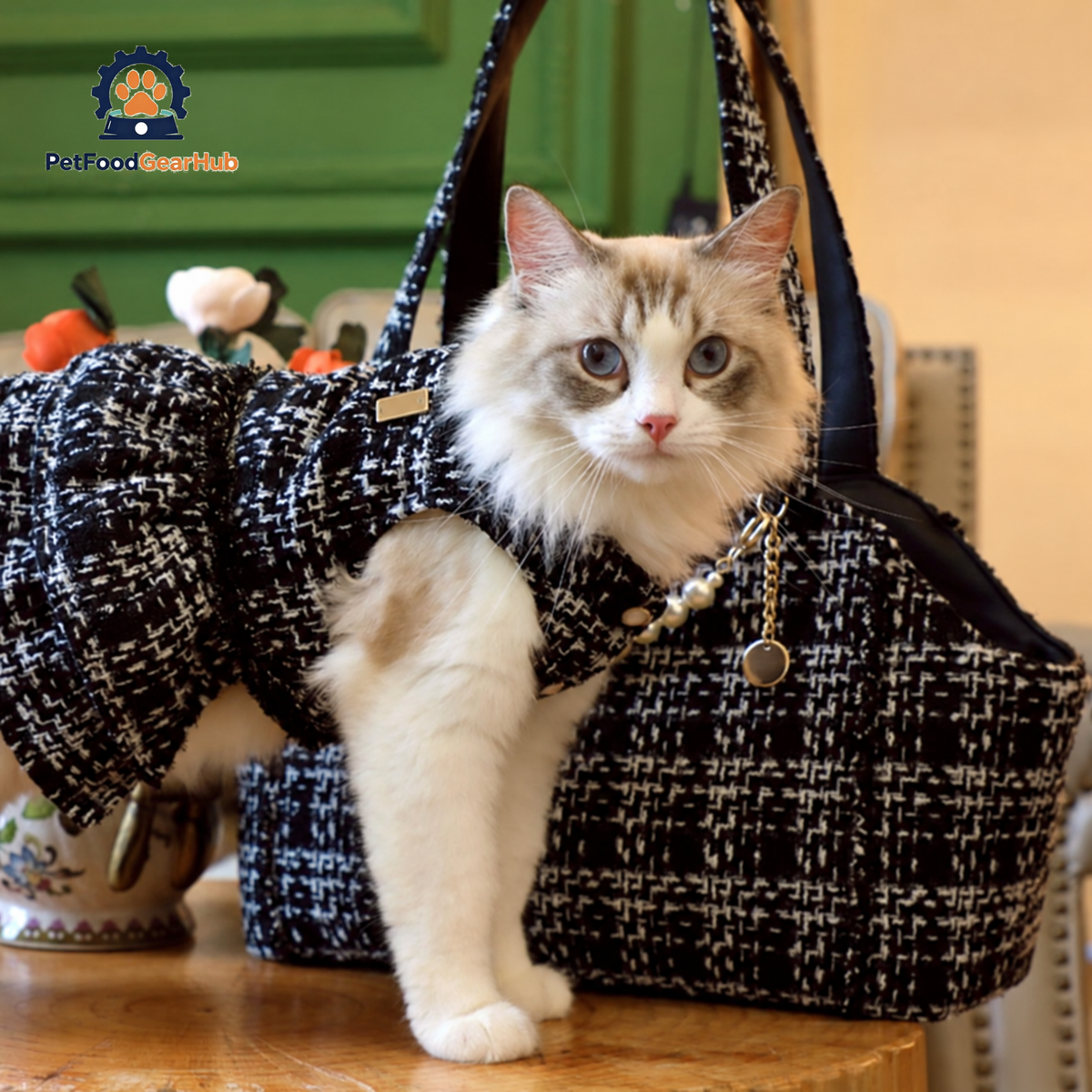 Cat Standing next to Black PetFoodGearHub Cat Shoulder Bag | PetFoodGearHub