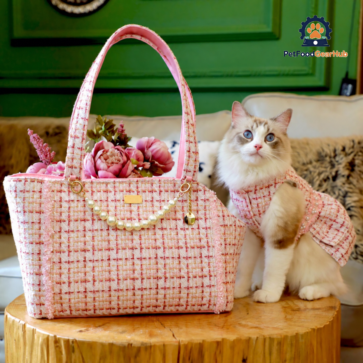 Cat Sitting Next to Pink PetFoodGearHub Cat Shoulder Bag | PetFoodGearHub
