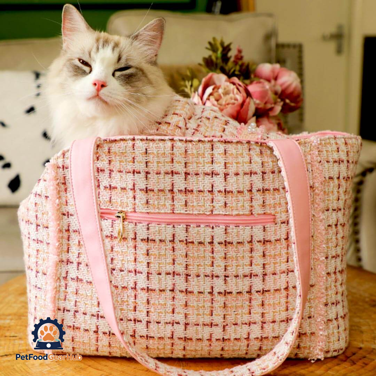 Cat Relaxing in Pink PetFoodGearHub Cat Shoulder Bag | PetFoodGearHub