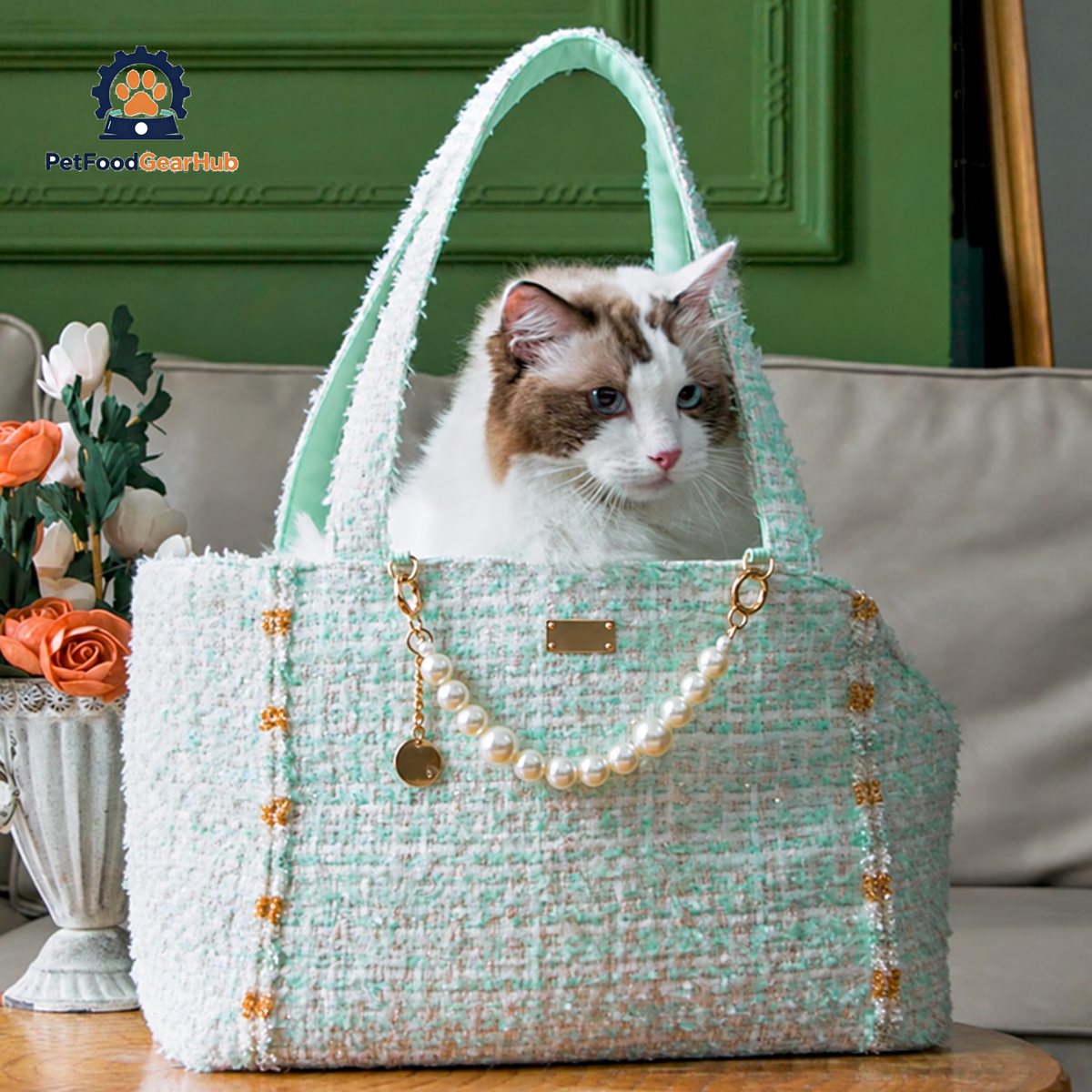 Cat Looking Out of Mint Green PetFoodGearHub Cat Shoulder Bag | PetFoodGearHub
