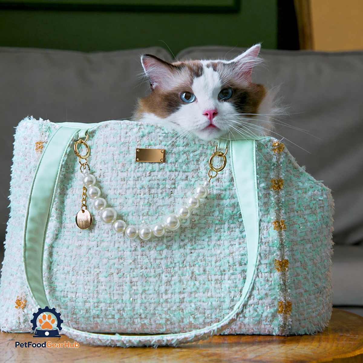 Cat Looking Out of Mint Green PetFoodGearHub Cat Shoulder Bag | PetFoodGearHub