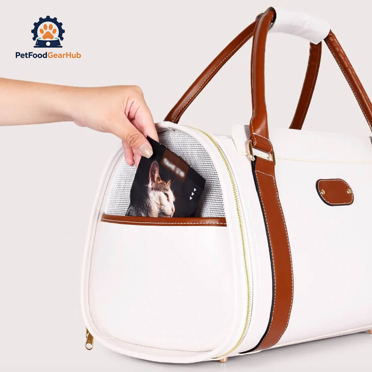 Side Pocket of Leather Duffle Cat Travel Bag | PetFoodGearHub