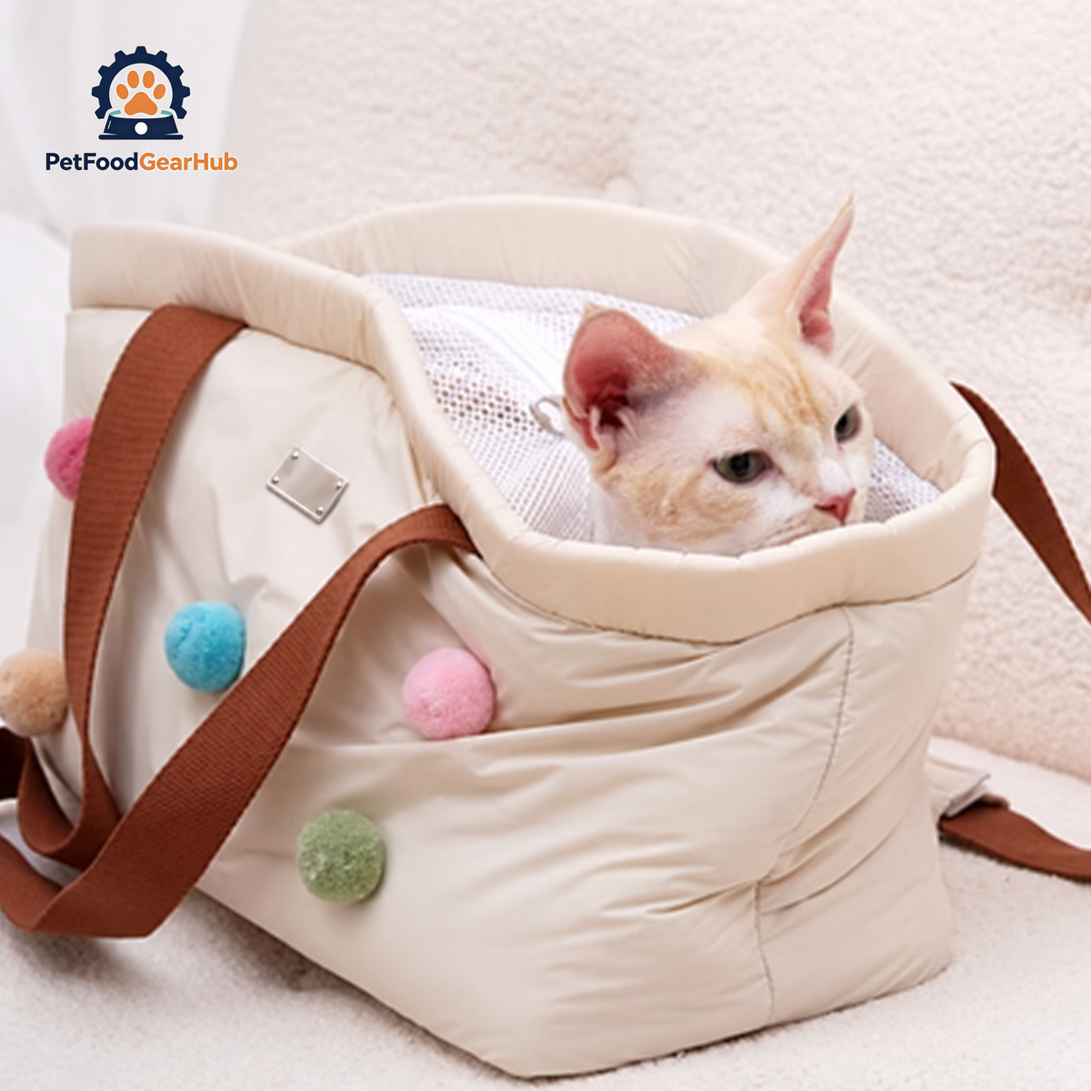 Cat Sitting Inside PetFoodGearHub Pompom Cat Carrier | Pet Shoulder Bag | PetFoodGearHub