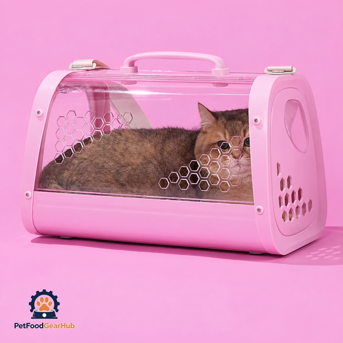 Cat Inside PetFoodGearHub Pink Clear Hard Cat Carrier | PetFoodGearHub
