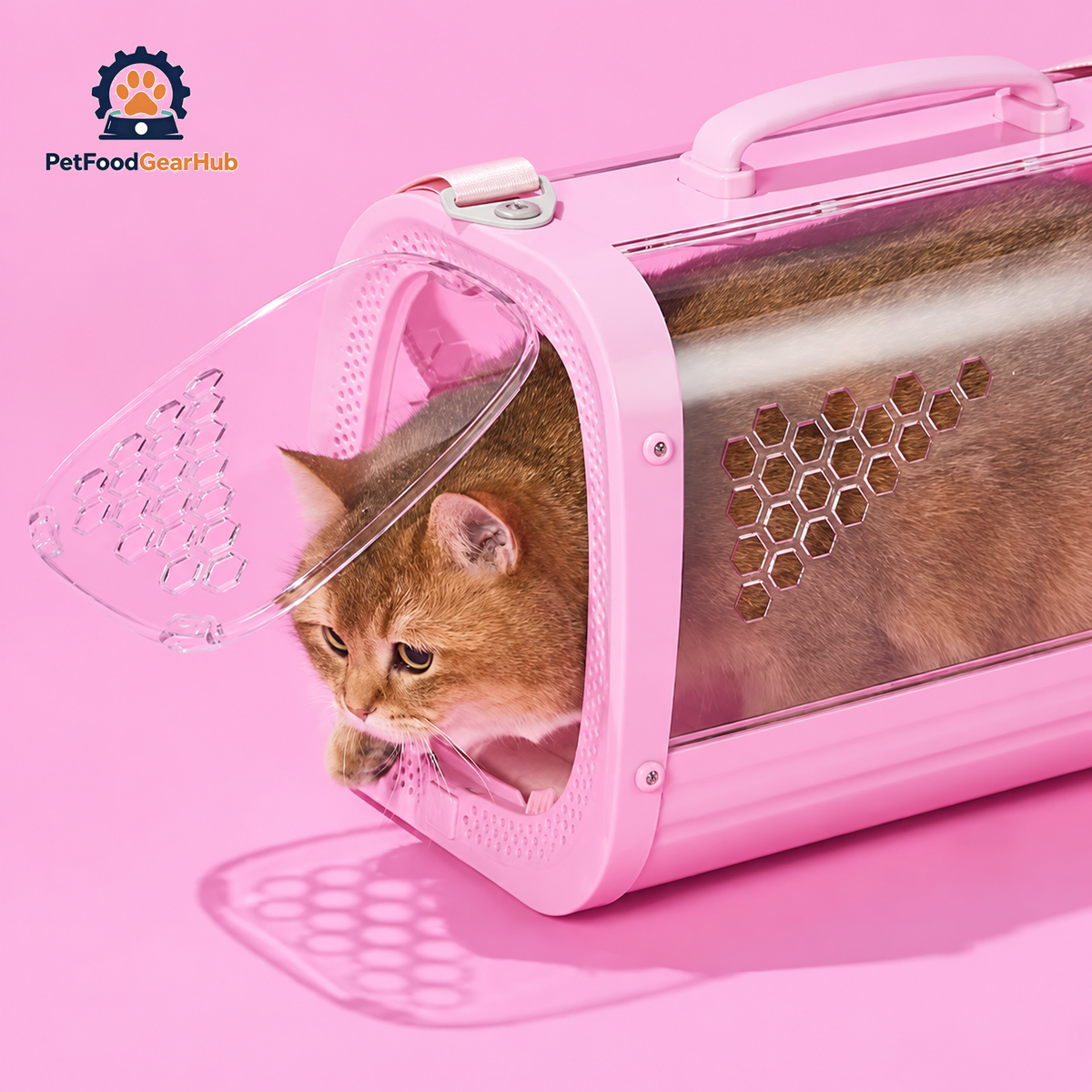 Cat Getting Out of PetFoodGearHub Pink Clear Hard Cat Carrier | PetFoodGearHub
