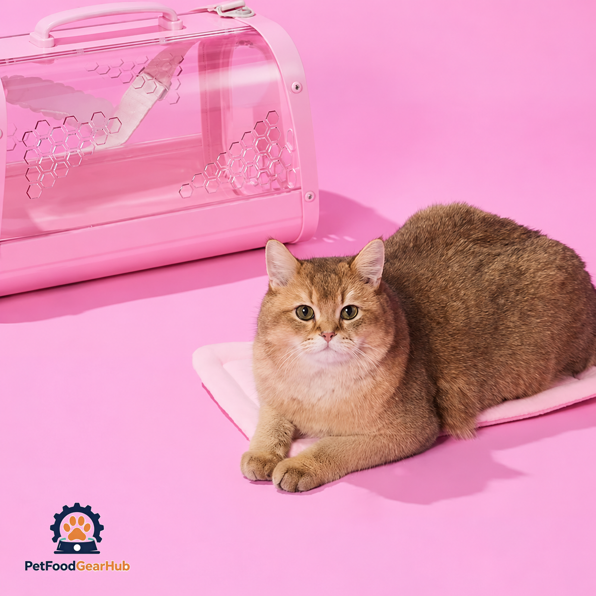 Cat with PetFoodGearHub Pink Clear Hard Cat Carrier | PetFoodGearHub