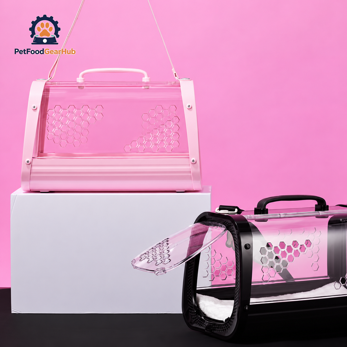 PetFoodGearHub Pink & Black Clear Hard Cat Carriers | PetFoodGearHub