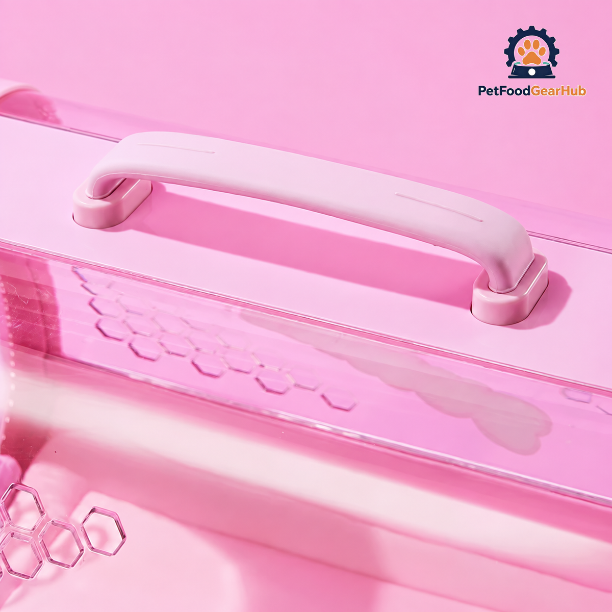 Sturdy Handle of PetFoodGearHub Pink Clear Hard Cat Carrier | PetFoodGearHub