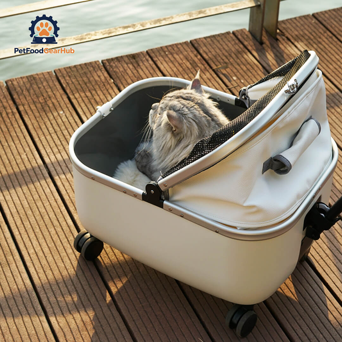 Cat Sitting Inside Stylish White Cat Stroller | PetFoodGearHub