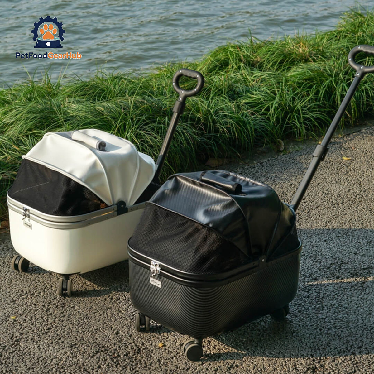 White and Black Cat Carriers with Wheels | Stylish Pet Strollers for Cats | PetFoodGearHub