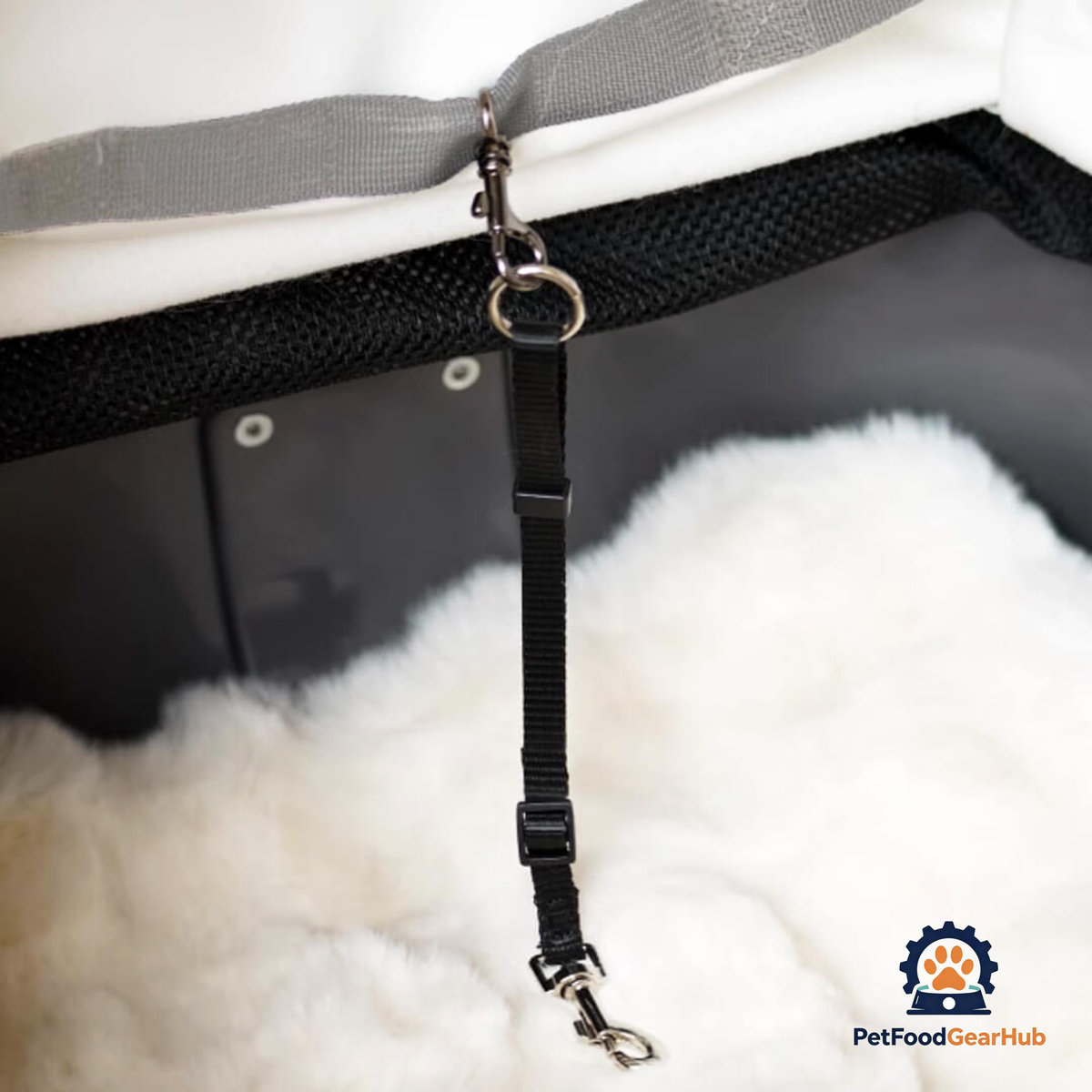 Safety Tether of White Cat Carrier with Wheels | Stylish Cat Stroller | PetFoodGearHub