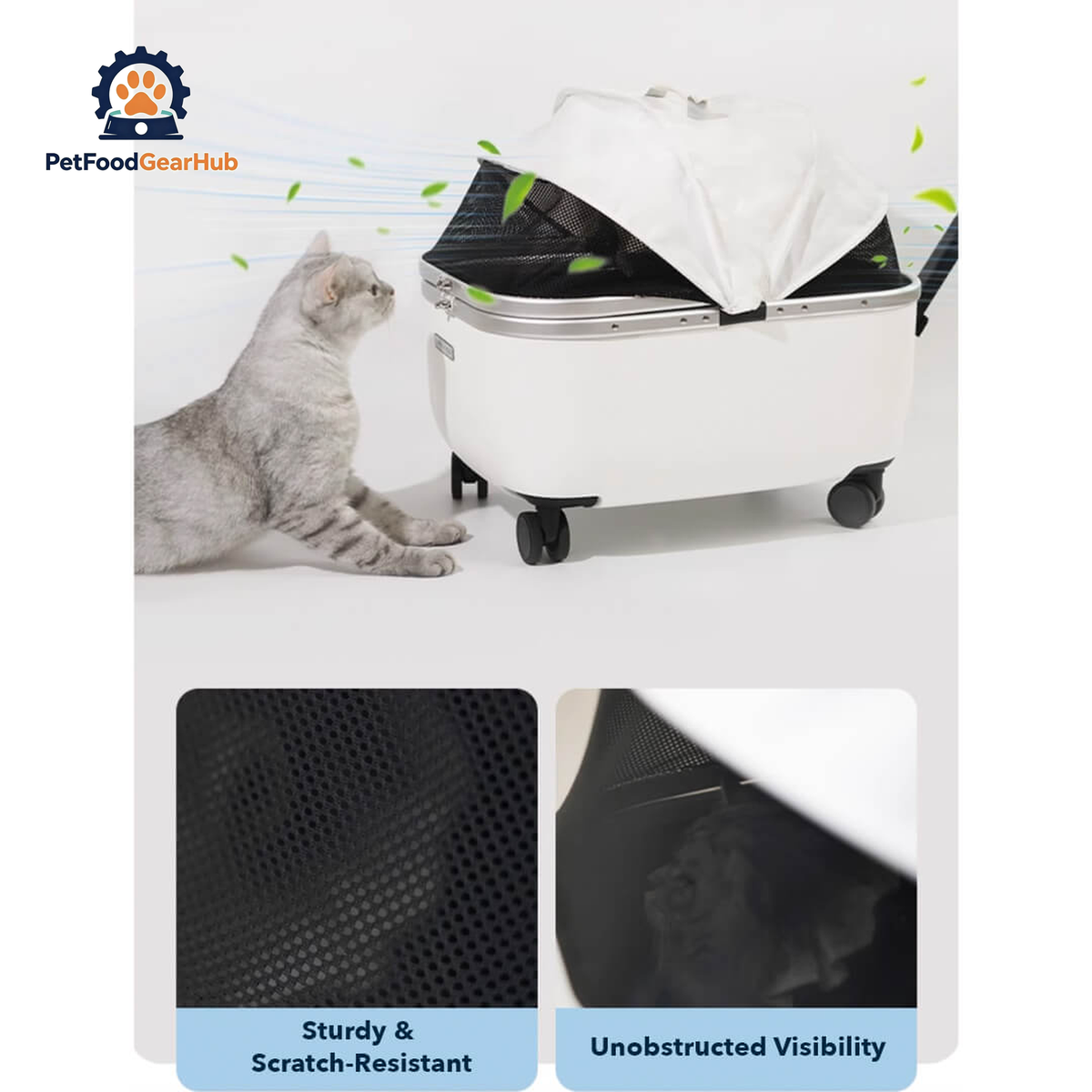 Breathable Mesh of White Leather Cat Stroller | Stylish Cat Carrier with Wheels | PetFoodGearHub