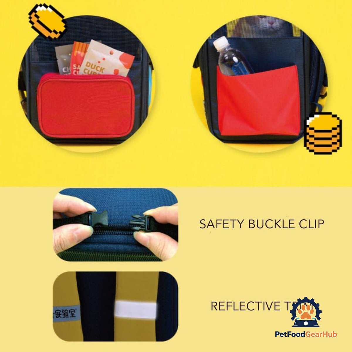 Various storage pockets and reflective trim details on PetFoodGearHub Gameboy Cat Backpack