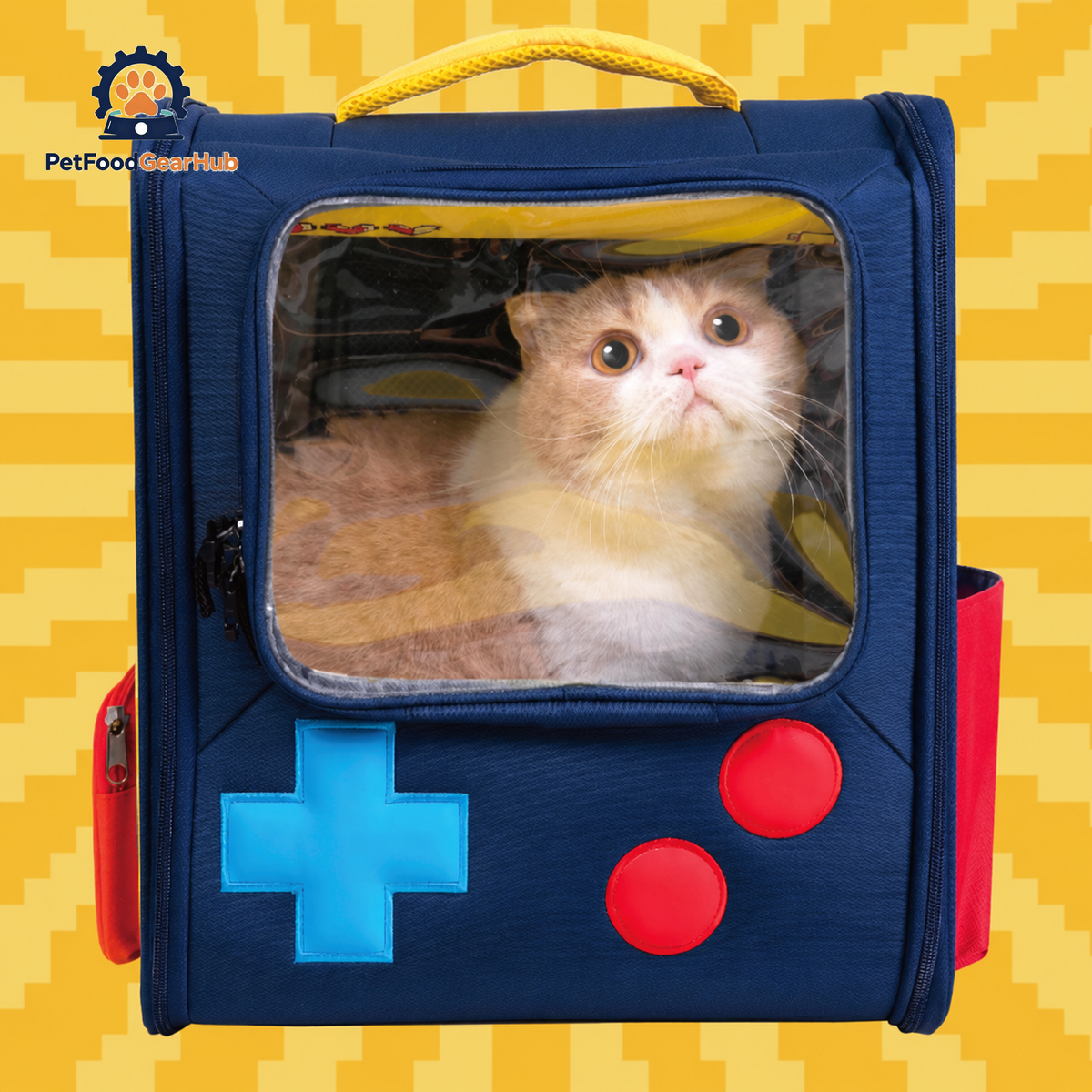 Cat inside PetFoodGearHub Gameboy Cat Backpack with Privacy Flap Open