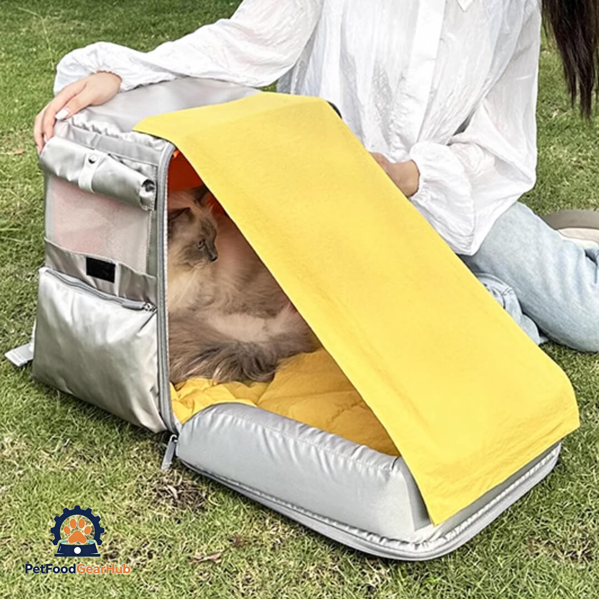 Cat Relaxing in Gray Cat Backpack with Foldable Sunshade | PetFoodGearHub