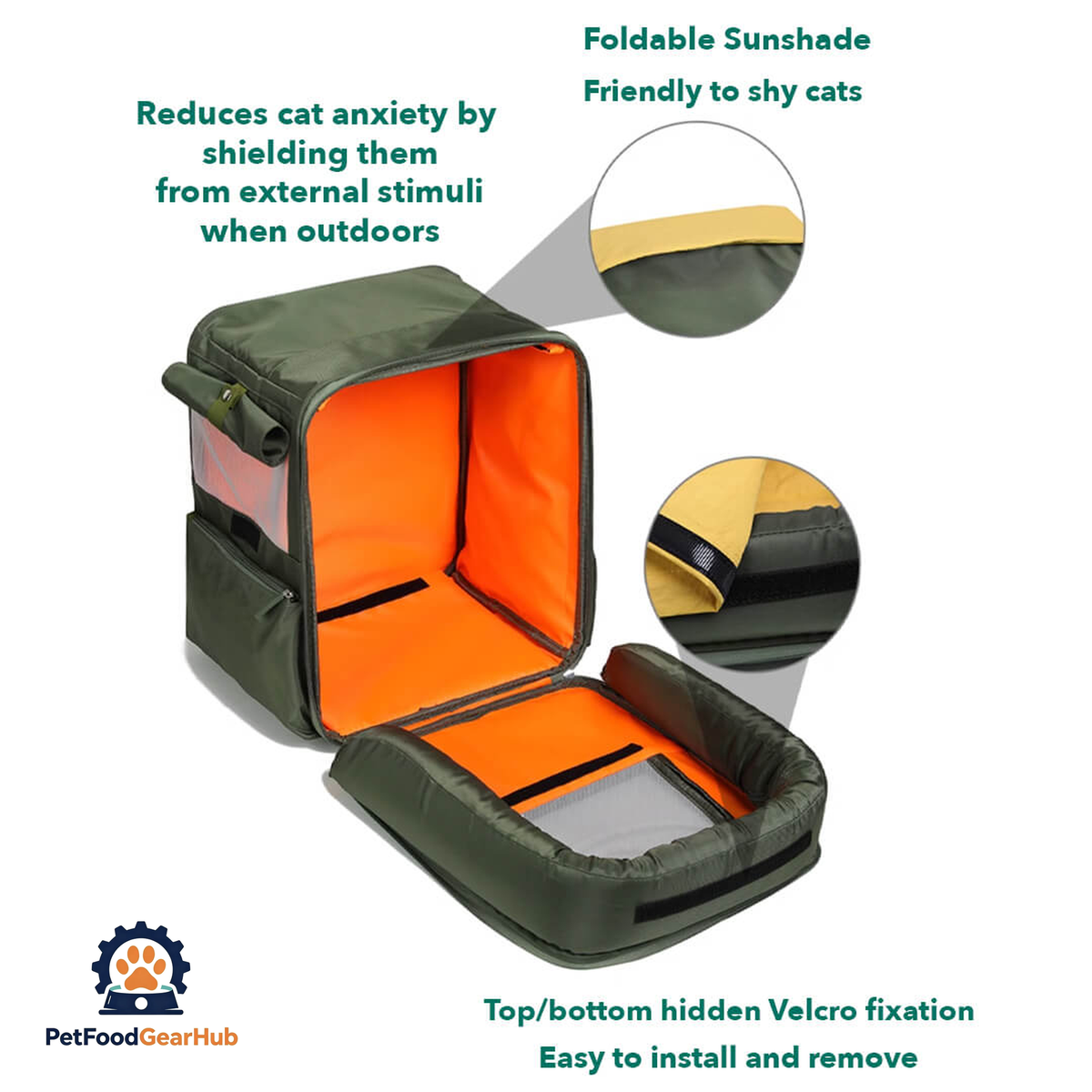 Olive Green Cat Backpack - Inside View with Velcro Attachments | PetFoodGearHub