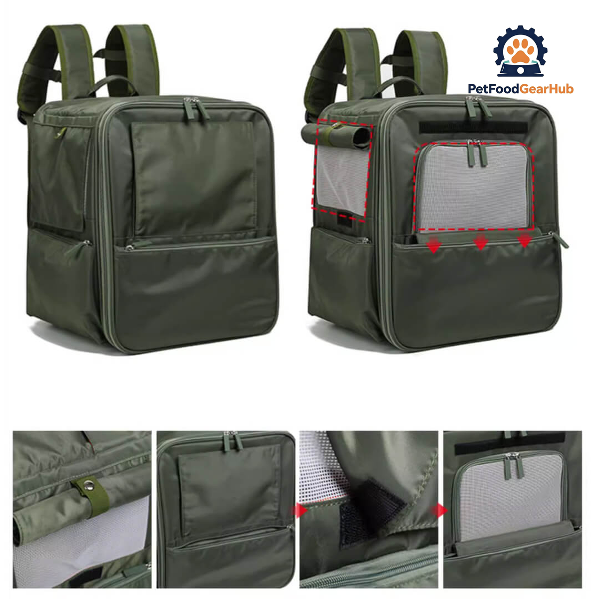 Olive Green Cat Backpack with Zipper Openings and Mesh Windows | PetFoodGearHub