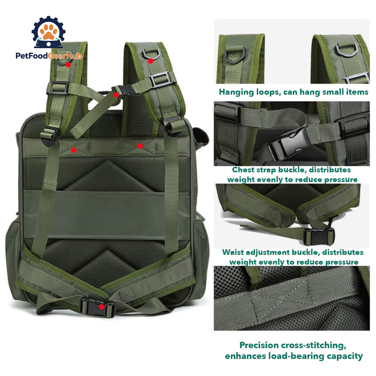 Olive Green Cat Backpack - Detailed View of Straps and Stitching | PetFoodGearHub