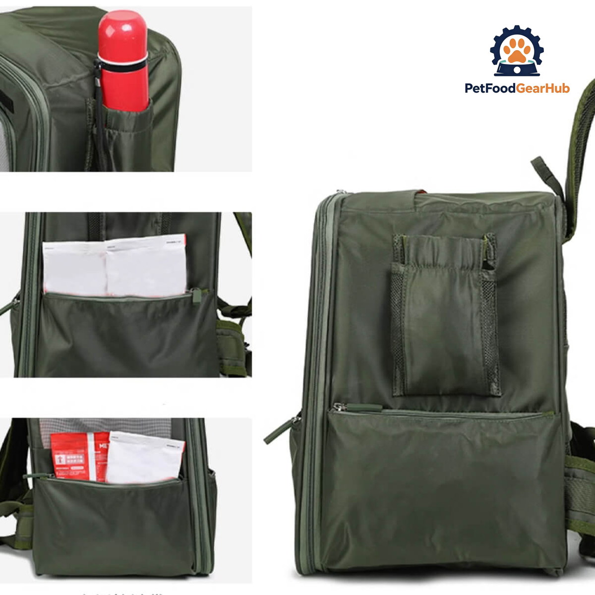 Olive Green Cat Backpack - Side View with Storage Pockets | PetFoodGearHub
